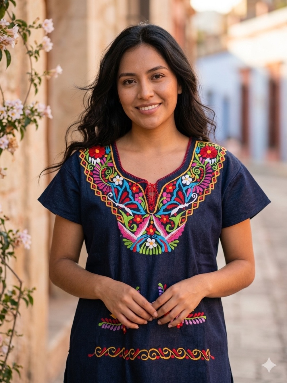 NWT Embroidered Navy Denim Tunic Top - Multicolor Floral